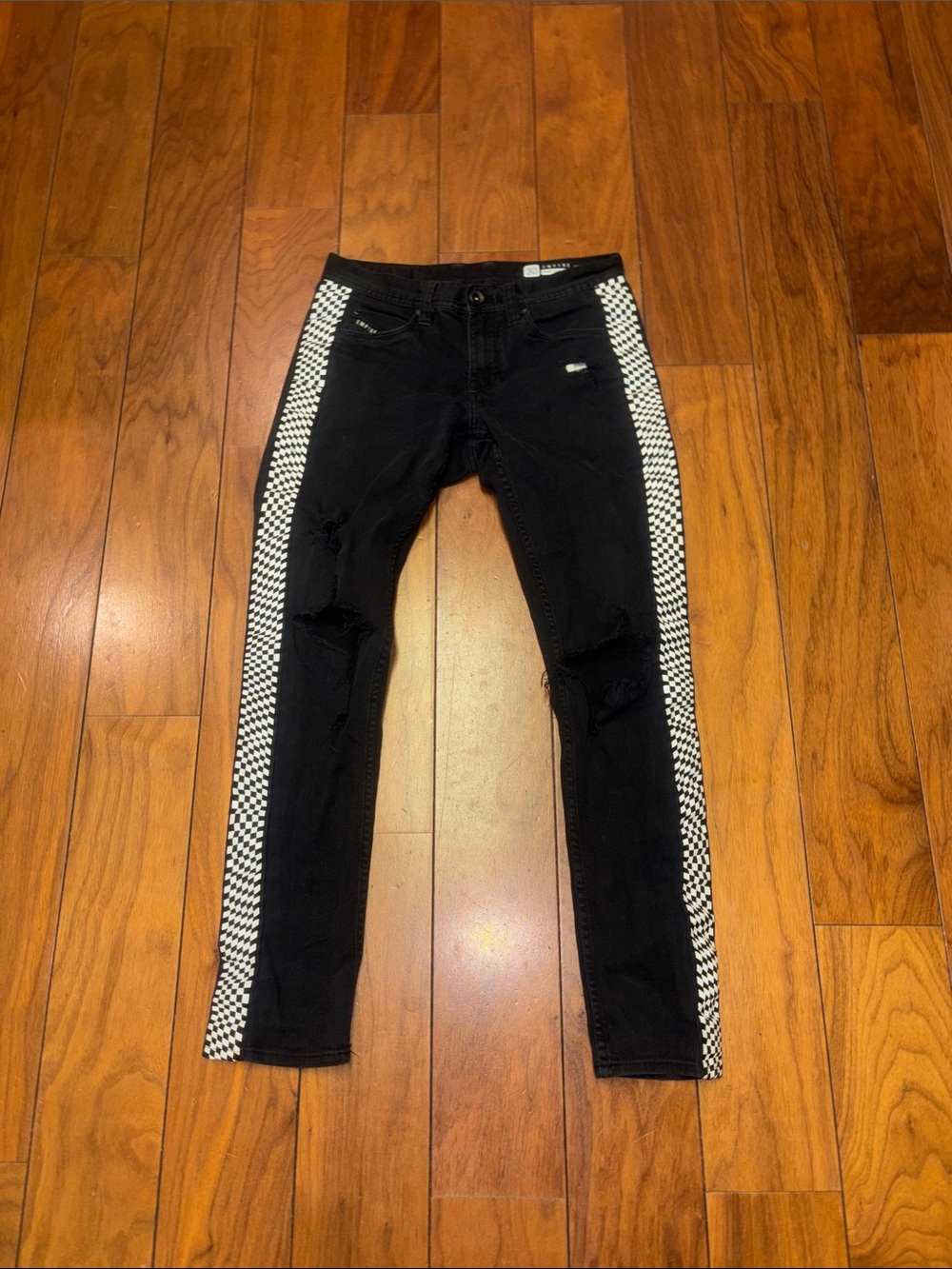 Empyre Black Skinny Jeans with White Checker Side Stripes
